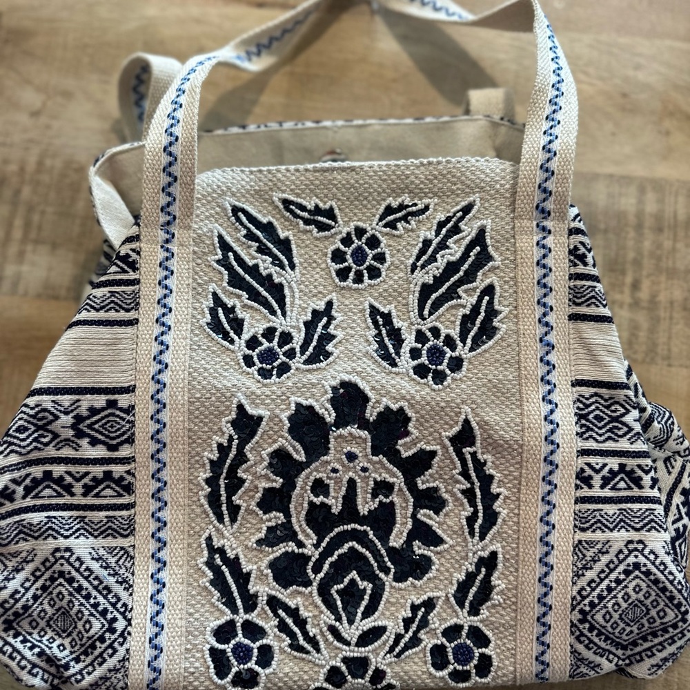VIRAL BEADED Blue and White Embroidered Tote Bag
